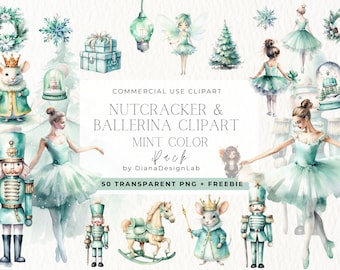 Nutcracker Christmas Clipart, Mint Watercolour Christmas PNG, Mint Xmas, Christmas Tree, Ballerina,  Mouse King, Fairy, Ballet Christmas