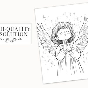 May include: A black and white line drawing of an angel with wings, praying with hands clasped together. The angel has a halo and is surrounded by stars.