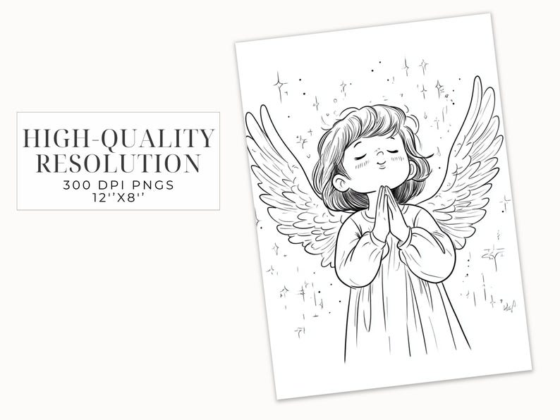 May include: A black and white line drawing of an angel with wings, praying with hands clasped together. The angel has a halo and is surrounded by stars.