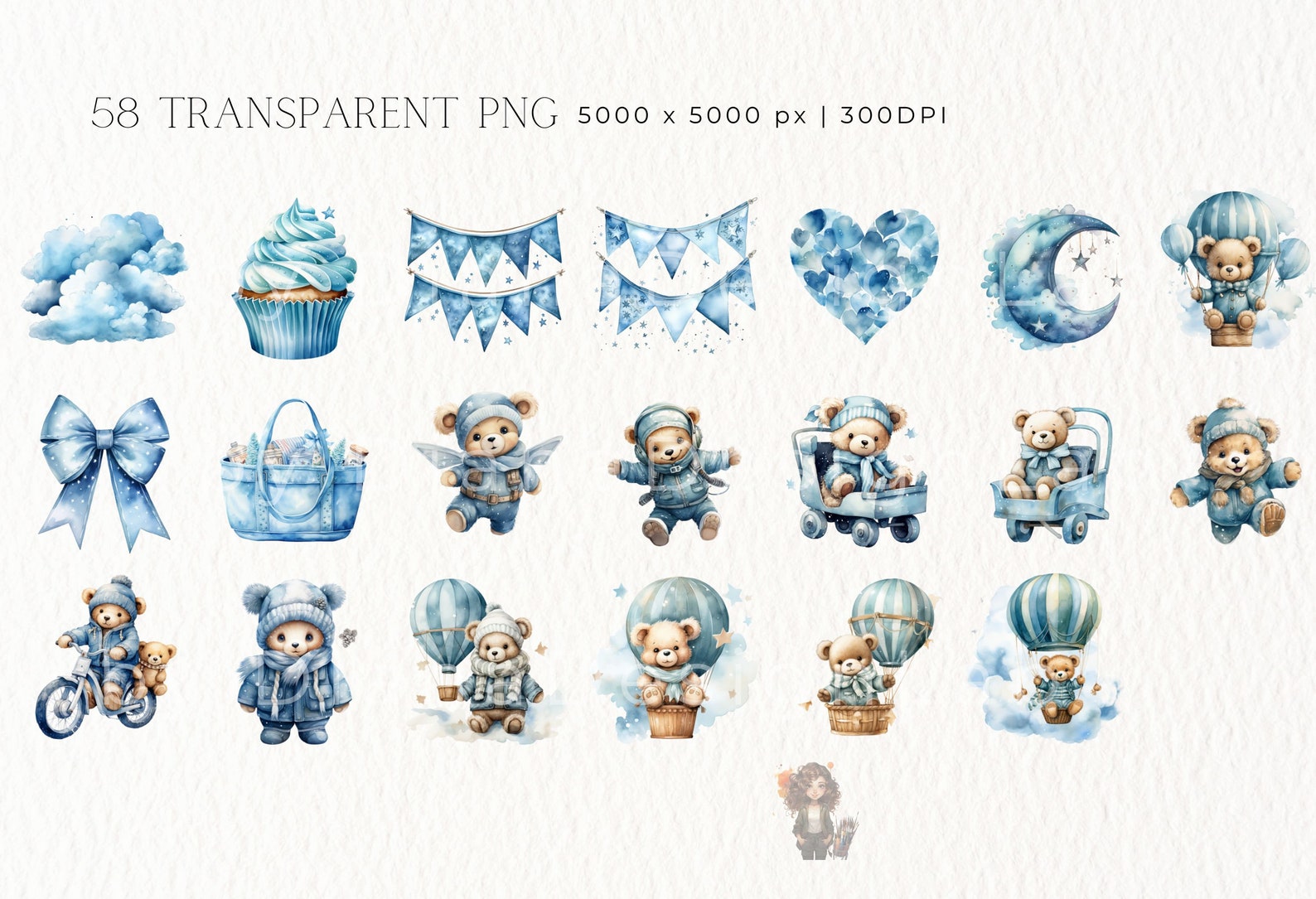Watercolor Teddy Bear Clip Art Clipart Pack, Baby Shower for a Boy ...