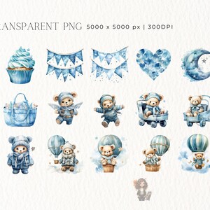 May include: A set of 58 watercolor illustrations featuring blue and white teddy bears, clouds, stars, balloons, cupcakes, bows, and banners. The illustrations are perfect for baby shower invitations, cards, and other crafts.