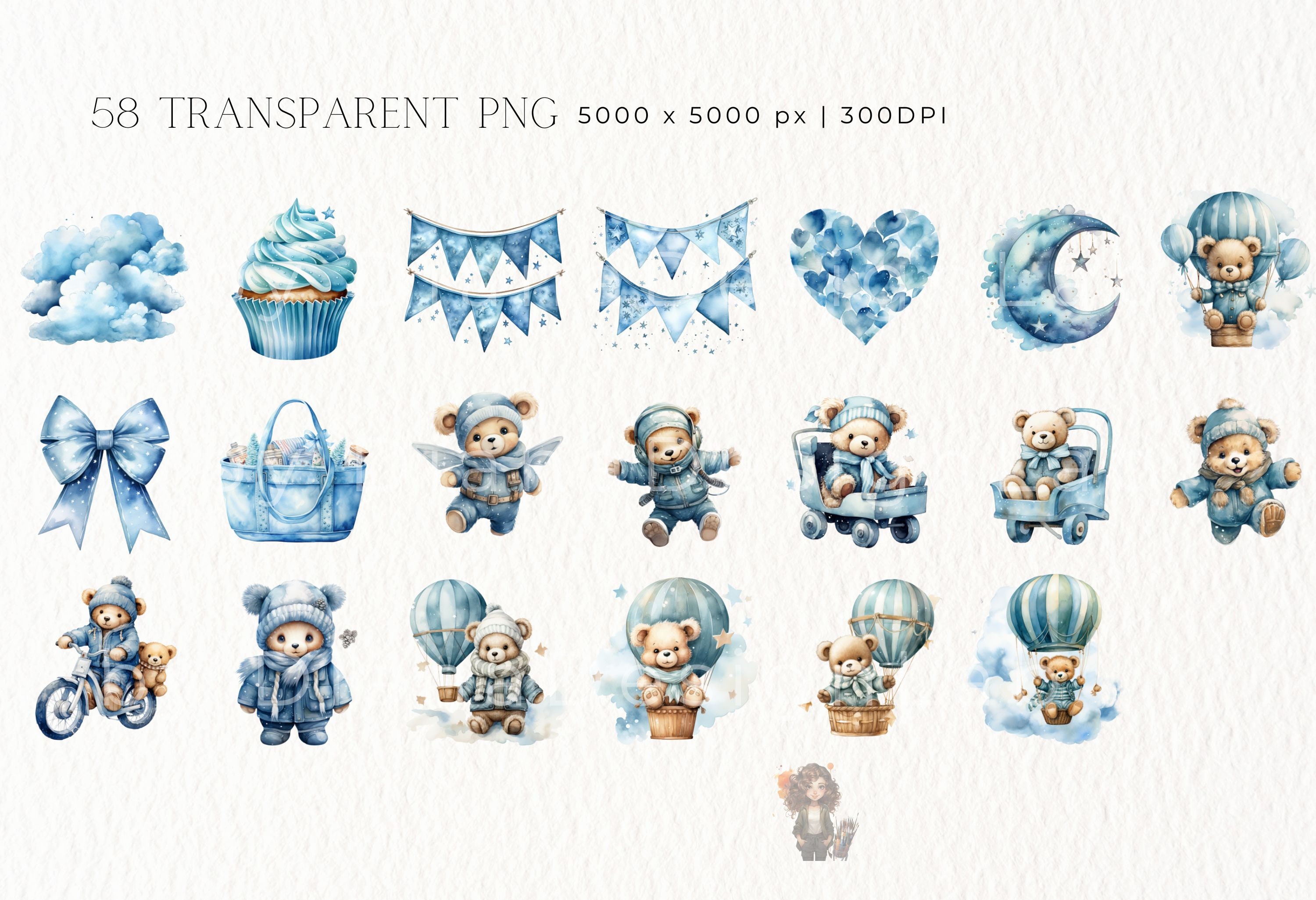 Watercolor Teddy Bear Clip Art Clipart Pack, Baby Shower for a Boy ...