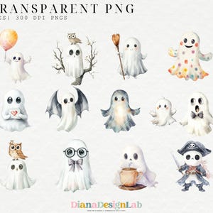 Puede incluir: Un conjunto de 12 ilustraciones digitales de fantasmas lindos en varias poses y atuendos. Los fantasmas son blancos con diferentes acentos de color, como un fantasma azul con una corbata de mo&ntilde;o, un fantasma con un sombrero de pirata y un fantasma con gafas. Las ilustraciones son perfectas para manualidades de Halloween, scrapbooking y otros proyectos creativos.