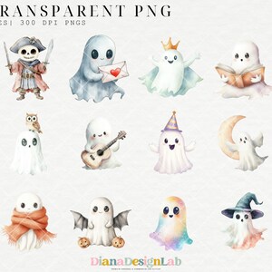 Puede incluir: Un conjunto de 52 ilustraciones digitales de lindos fantasmas en varias poses y disfraces. Los fantasmas est&aacute;n dibujados en un estilo de acuarela y tienen expresiones amigables. Algunos fantasmas llevan sombreros, bufandas y sostienen instrumentos musicales. Las ilustraciones son perfectas para proyectos de Halloween, manualidades y dise&ntilde;os digitales.