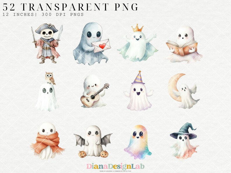 Puede incluir: Un conjunto de 52 ilustraciones digitales de lindos fantasmas en varias poses y disfraces. Los fantasmas est&aacute;n dibujados en un estilo de acuarela y tienen expresiones amigables. Algunos fantasmas llevan sombreros, bufandas y sostienen instrumentos musicales. Las ilustraciones son perfectas para proyectos de Halloween, manualidades y dise&ntilde;os digitales.