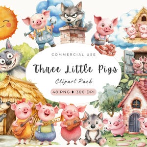 Clipart de los tres cerditos, descarga instantánea, lobo feroz en formato png, uso comercial, los tres cerditos, cerdito lindo, acuarela de cuento de hadas, casas