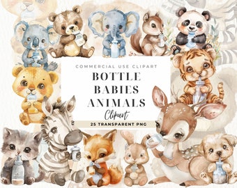 Tiere mit Baby Flasche Aquarell Clipart, bezaubernden Dschungel, Wald, Trank Flasche, Baby Tiere, Baby Shower, Kinderzimmer, kommerzielle Nutzung