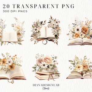 May include: A set of 20 digital illustrations featuring watercolor-style bouquets of flowers and open books. The flowers are in shades of beige, brown, and white. The books are open and have a vintage look.
