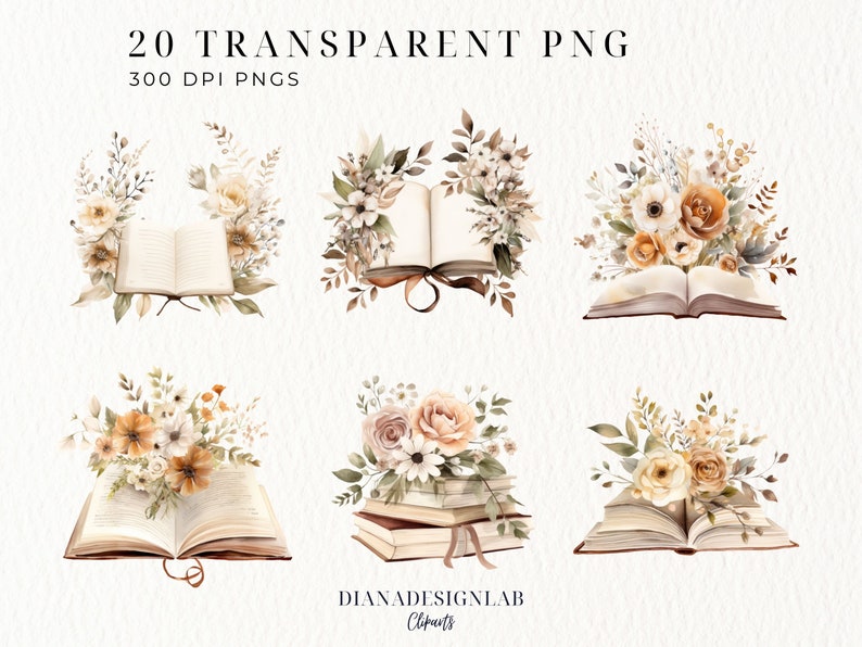 May include: A set of 20 digital illustrations featuring watercolor-style bouquets of flowers and open books. The flowers are in shades of beige, brown, and white. The books are open and have a vintage look.