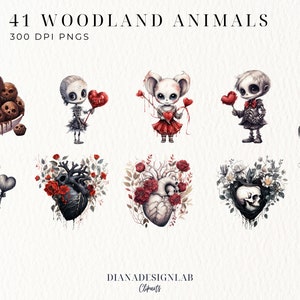 May include: A set of 41 digital illustrations of woodland animals in a gothic style. The illustrations feature a variety of animals, including a rabbit, a fox, a bear, a deer, and a wolf. The animals are all depicted in a cute and whimsical style, with large eyes and expressive faces. The illustrations are perfect for use in scrapbooking, card making, and other craft projects.