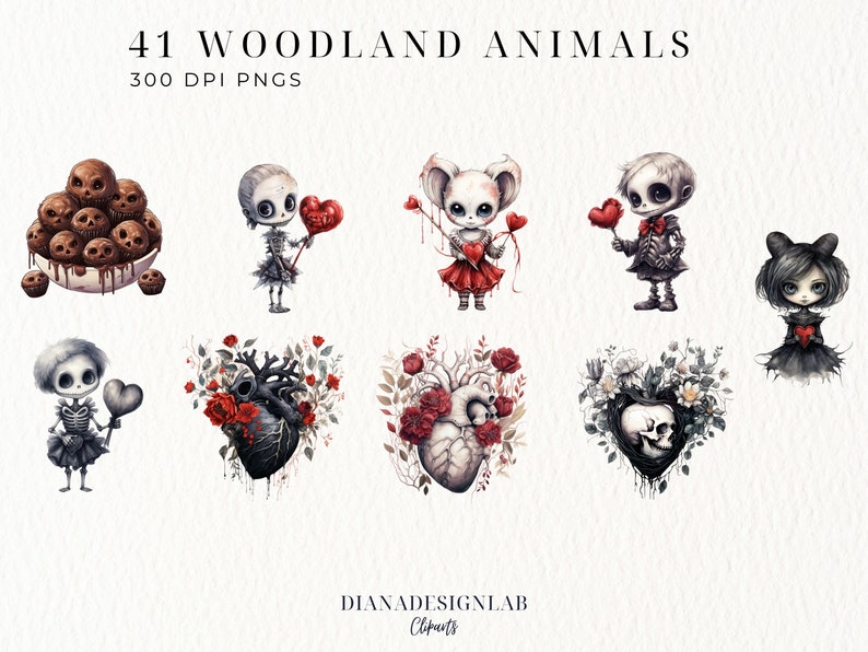 May include: A set of 41 digital illustrations of woodland animals in a gothic style. The illustrations feature a variety of animals, including a rabbit, a fox, a bear, a deer, and a wolf. The animals are all depicted in a cute and whimsical style, with large eyes and expressive faces. The illustrations are perfect for use in scrapbooking, card making, and other craft projects.