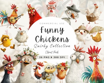 Watercolor Quirky Farm Animals Clipart, Chickens, Funny Chicken, Funny Animal, Cute Farm Animals, Barn Animals, Baby Chicken Clipart, Chick