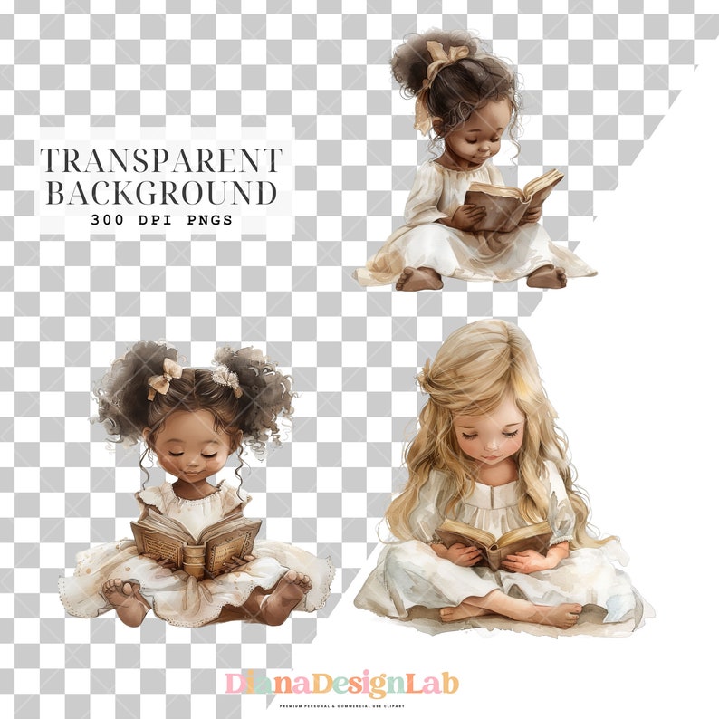 May include: Two illustrations of girls sitting and reading books. One girl has brown skin and brown hair with a white dress. The other girl has blonde hair and a white dress. Both girls are sitting on a white background.