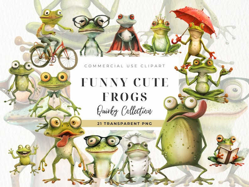 Puede incluir: Una colecci&oacute;n de 21 ilustraciones digitales de ranas lindas en varias poses y atuendos. Las ranas se representan con ojos grandes, piel verde brillante y expresiones caprichosas. Las ilustraciones son perfectas para agregar un toque de capricho a cualquier proyecto.