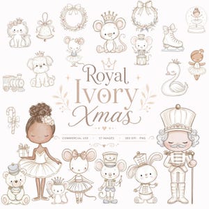 May include: A collection of digital illustrations featuring the text Royal Ivory Xmas, including a ballerina, a nutcracker, mice in uniforms, a swan, a puppy, a kitten, a train, ice skates, a bell, wreaths, and a snow globe in a soft colour palette.
