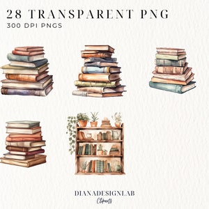 May include: A set of 28 watercolor illustrations of stacks of books and a bookshelf with books, plants, and decorative items. The illustrations are in a vintage style with warm colors and textures. The text "28 TRANSPARENT PNG 300 DPI PNGS" is at the top of the image.