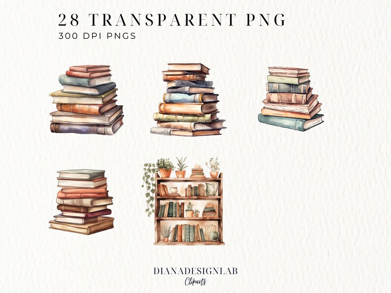 May include: A set of 28 watercolor illustrations of stacks of books and a bookshelf with books, plants, and decorative items. The illustrations are in a vintage style with warm colors and textures. The text "28 TRANSPARENT PNG 300 DPI PNGS" is at the top of the image.