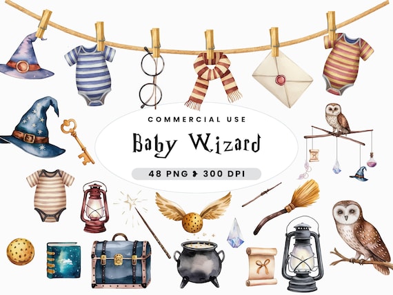 Baby Shower Wizard School Clipart, Wizards & Witches PNG, Whimsical Watercolor, Wizard Boy, Girl, Clothesline, Baby Mobile, Commercial Use