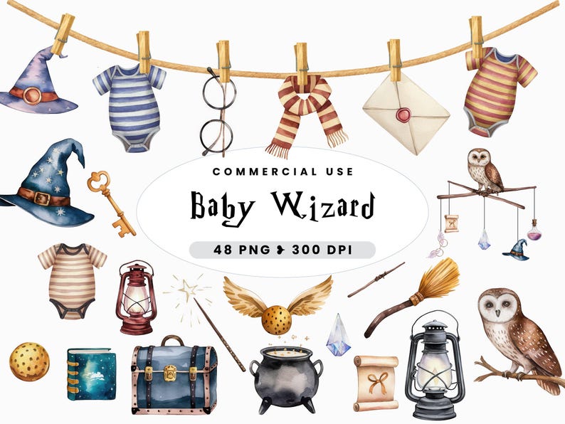 Puede incluir: Un conjunto de ilustraciones de acuarela con tem&aacute;tica de beb&eacute; mago, que incluye un sombrero de bruja, un body de beb&eacute;, una varita m&aacute;gica, un caldero, un libro, una linterna, una snitch dorada, una escoba y un b&uacute;ho. Las ilustraciones son perfectas para crear invitaciones de baby shower, tarjetas o p&aacute;ginas de &aacute;lbum de recortes.