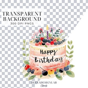 Watercolor Birthday Party Cake Present Balloons Clipart Bundle, Happy ...