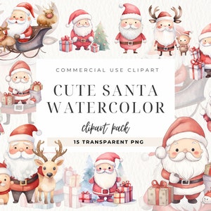Aquarelle mignon père Noël Clipart - père Noël, père Noël mignon, téléchargement numérique, fichiers pour sublimation, pack Noël Kawaii