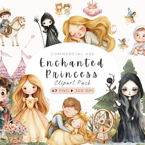 Clipart principessa incantata acquerello, principessa stampabile, fiaba, stampa artistica invito compleanno festa, digitale, fate, castello