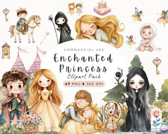 Watercolor Enchanted Princess Clipart, Printable Princess, Fairytale, Party Birthday Invitation Art Print, Digital, Fairies, Castle
