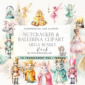 Clipart de Natal quebra-nozes, pacote aquarela Natal PNG, Natal Pastel, Árvore de Natal, Bailarina, Rei do Rato, Fada, Balé de Natal