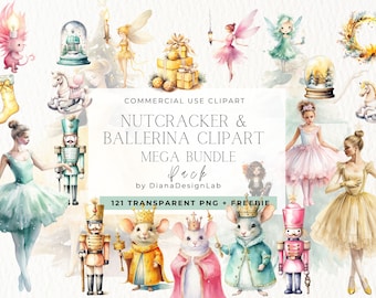 Nutcracker Christmas Clipart, Bundle Watercolour Christmas PNG, Pastel Xmas, Christmas Tree, Ballerina,  Mouse King, Fairy, Ballet Christmas