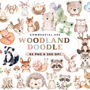 Clipart Woodland Doodle, bébés animaux aquarelle, animaux de la forêt bohème, clipart baby shower, décoration de chambre d'enfant, renard mignon, cerf, usage commercial