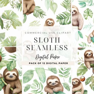 Op de afbeelding: Een digitaal papierpakket met 12 naadloze patronen van luiaards en tropische bladeren. De patronen zijn in aquarelstijl en hebben een witte achtergrond. De tekst "Sloth Seamless Digital Paper Pack of 12 Digital Paper" is in de afbeelding opgenomen.