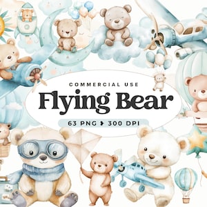 Clipart di simpatico orso aviatore, asilo nido, orsetti aeroplano, orsacchiotto volante blu, baby pilota, baby shower, il tempo vola, compleanno di un bambino, uso commerciale