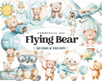 Cute Aviator Bear Clipart, Nursery, Airplane Bears, Blue Flying Teddy, Baby Pilot, Baby Shower, Time Flies, Boy Birthday, Commercial Use