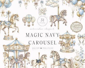 Watercolor Carousel Horse Clipart, Navy Blue Carnival Pony PNG Bundle, Baby Shower & Nursery Graphics, Commercial Use