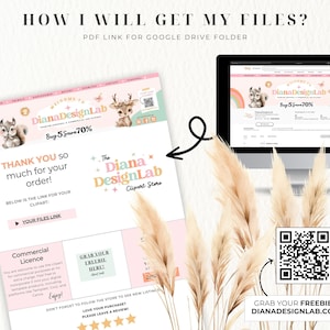 Puede incluir: Un dise&ntilde;o de sitio web rosa y verde con una linda ilustraci&oacute;n de una ardilla y un ciervo. El sitio web es para una tienda de clipart llamada "Diana DesignLab". El texto "Buy 5 Save 70%" se muestra en el sitio web. El sitio web tambi&eacute;n incluye un c&oacute;digo QR y un enlace a una carpeta de Google Drive.