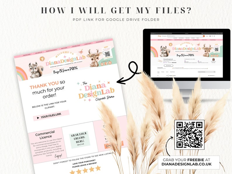 Puede incluir: Un dise&ntilde;o de sitio web rosa y verde con una linda ilustraci&oacute;n de una ardilla y un ciervo. El sitio web es para una tienda de clipart llamada "Diana DesignLab". El texto "Buy 5 Save 70%" se muestra en el sitio web. El sitio web tambi&eacute;n incluye un c&oacute;digo QR y un enlace a una carpeta de Google Drive.