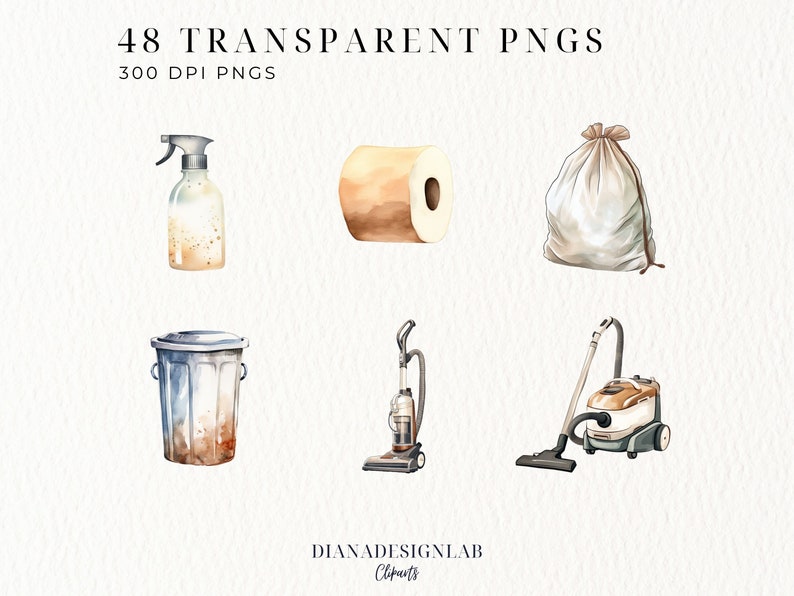 K&ouml;nnte beinhalten: Ein Set Aquarell-Illustrationen von Reinigungsmitteln, darunter eine Spr&uuml;hflasche, eine Toilettenpapierrolle, ein M&uuml;llsack, ein M&uuml;lleimer und zwei Staubsauger. Die Illustrationen sind in einem hellbraunen und grauen Farbschema gehalten.