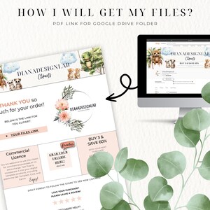 May include: A pink and green digital download product listing with the text "HOW I WILL GET MY FILES?" and "PDF LINK FOR GOOGLE DRIVE FOLDER". The listing includes a graphic of a sloth, a monkey, and a turtle. The text "THANK YOU SO MUCH FOR YOUR ORDER!" is also included. The listing includes a link to the buyer's files.