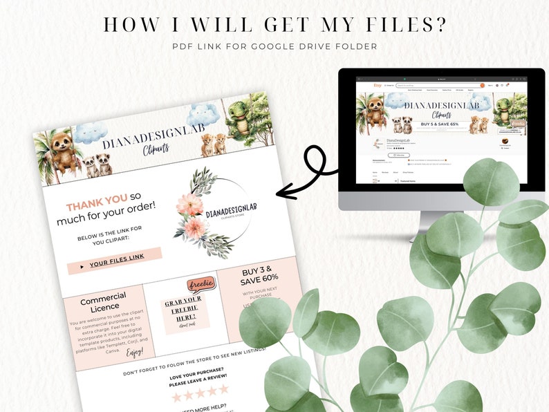 May include: A pink and green digital download product listing with the text "HOW I WILL GET MY FILES?" and "PDF LINK FOR GOOGLE DRIVE FOLDER". The listing includes a graphic of a sloth, a monkey, and a turtle. The text "THANK YOU SO MUCH FOR YOUR ORDER!" is also included. The listing includes a link to the buyer's files.