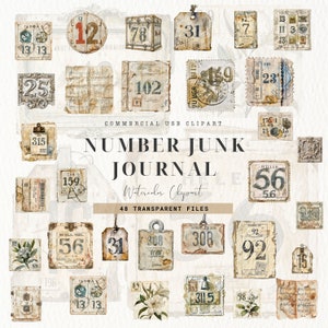 Number Junk Journal, Vintage Number, Tags Ephemera, Collage Sheets, Journaling Labels, Digital Download, Numbers Digital, Collage Paper