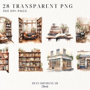 May include: A set of 28 watercolor illustrations featuring various scenes of a bookstore, including a bookshelf, a reading nook, and a storefront. The illustrations are in a warm color palette with brown, beige, and cream tones.