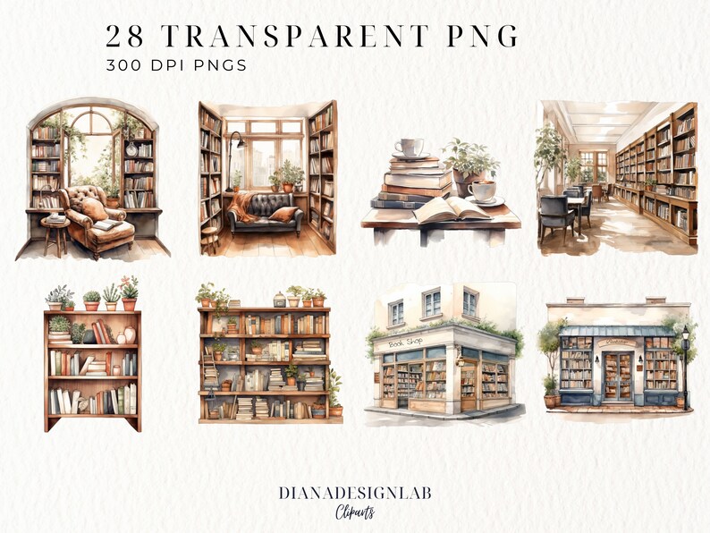 May include: A set of 28 watercolor illustrations featuring various scenes of a bookstore, including a bookshelf, a reading nook, and a storefront. The illustrations are in a warm color palette with brown, beige, and cream tones.