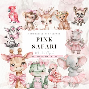 Clipart Safari Girl, Pink Birthday, Digital Clip Art, Jungle Animal, Girly Safari Birthday, Nursery Art, Digital Download, Commercial Use