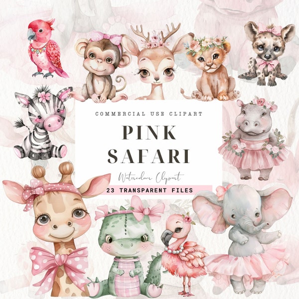 Clipart Safari Girl, Pink Birthday, Digital Clip Art, Jungle Animal, Girly Safari Birthday, Nursery Art, Digital Download, Commercial Use