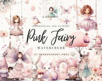 Pink Fairy Clipart, Watercolor Fairy Garden Clipart, Winter Fairy Garden clip art, Magical Fairy and Pink Flower, Mushroom PNG, Commercial