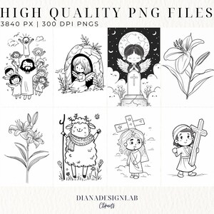 Puede incluir: Un conjunto de 42 ilustraciones en blanco y negro de figuras y s&iacute;mbolos religiosos, incluyendo Jes&uacute;s, &aacute;ngeles, un cordero y lirios. Las ilustraciones son de estilo de dibujos animados y son perfectas para p&aacute;ginas para colorear, manualidades o proyectos digitales.