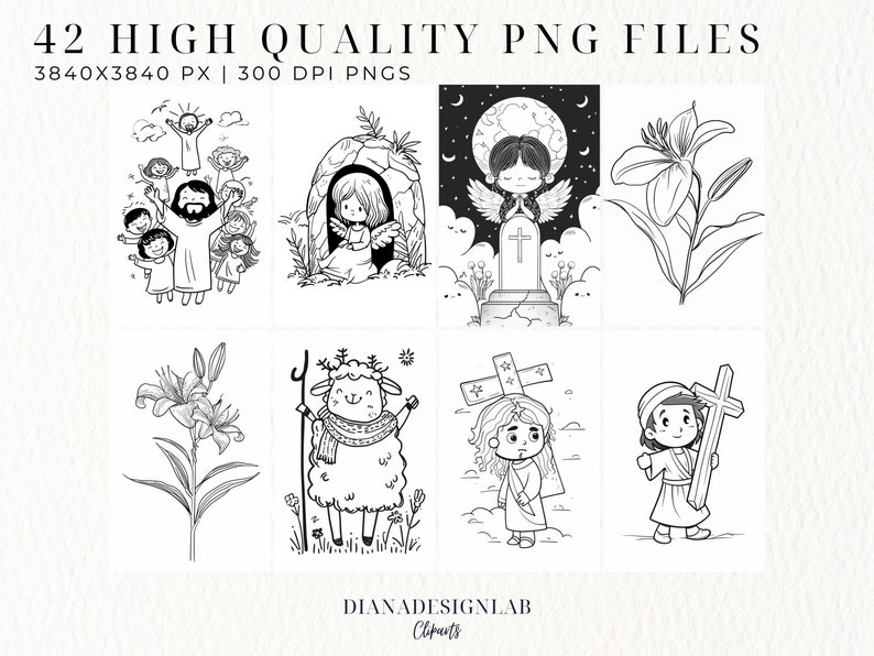 Puede incluir: Un conjunto de 42 ilustraciones en blanco y negro de figuras y s&iacute;mbolos religiosos, incluyendo Jes&uacute;s, &aacute;ngeles, un cordero y lirios. Las ilustraciones son de estilo de dibujos animados y son perfectas para p&aacute;ginas para colorear, manualidades o proyectos digitales.