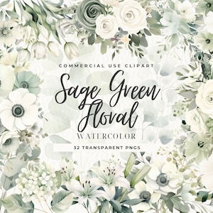 Salbei Clipart, Grün Aquarell Clipart, Blumensträuße, Elfenbeinblumen, kommerzielle Nutzung, digitale Clipart PNG, Salbei grün