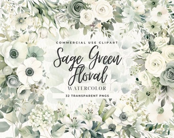 Salbei Clipart, Grün Aquarell Clipart, Blumensträuße, Elfenbeinblumen, kommerzielle Nutzung, digitale Clipart PNG, Salbei grün