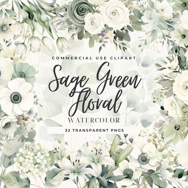 Sage Clipart, Greenery Watercolor Clipart, Floral Bouquets,  Ivory Flowers, Commercial Use, Digital clipart PNG, Sage Green